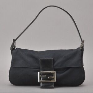 Authentic FENDI Mamma Baguette Shoulder Hand Bag Jersey Leather Black